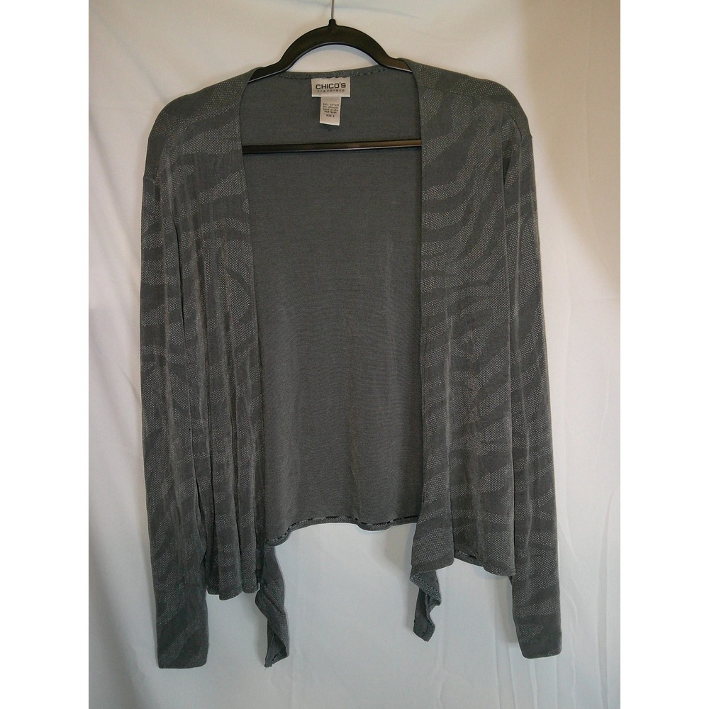 Chico's Travelers Gray/Silver Zebra Print‎ Open Front Cardigan Sweater Size 1